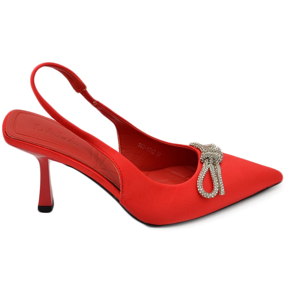 Decollete' donna gioiello elegante fiocco strass in raso rosso con tacco a spillo 80 cinturino alla caviglia fisso moda.