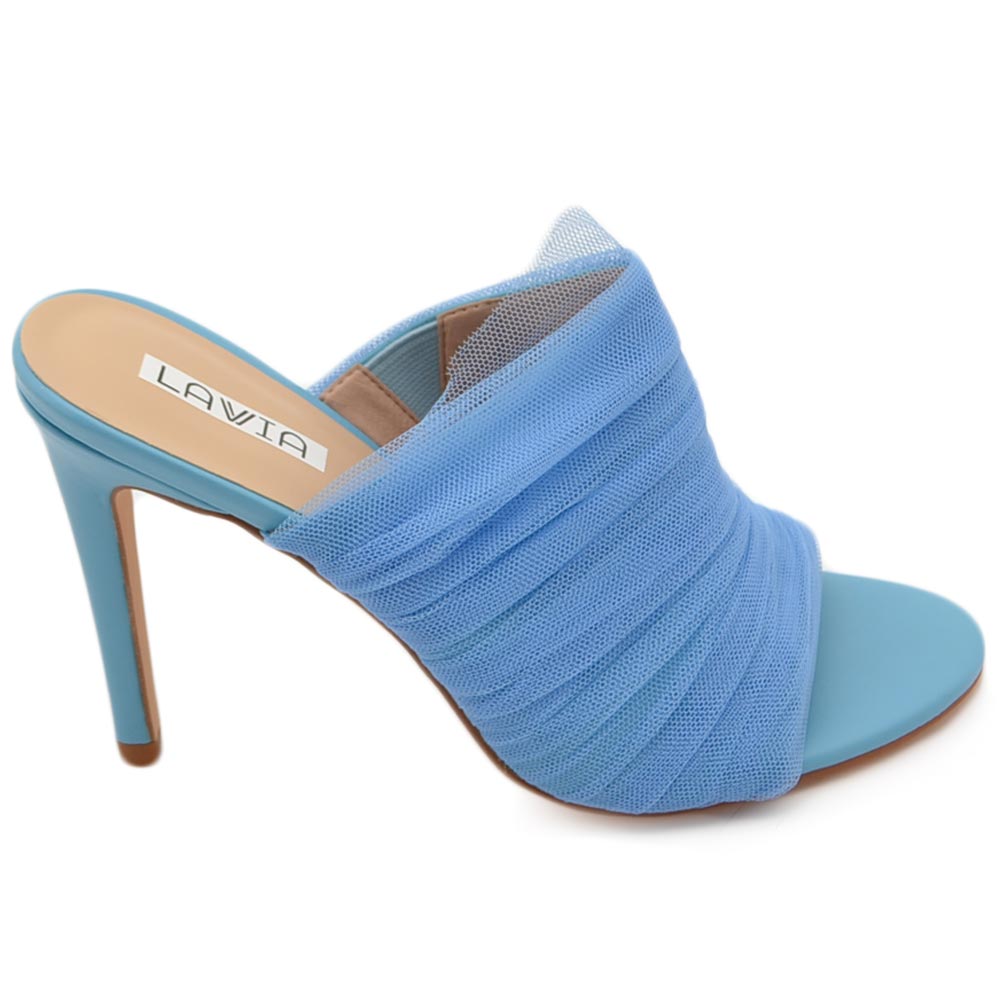 Sandali donna mules pantofole in tessuto plissettato tulle azzurro e tacco sottile 12 cm moda tendenza.
