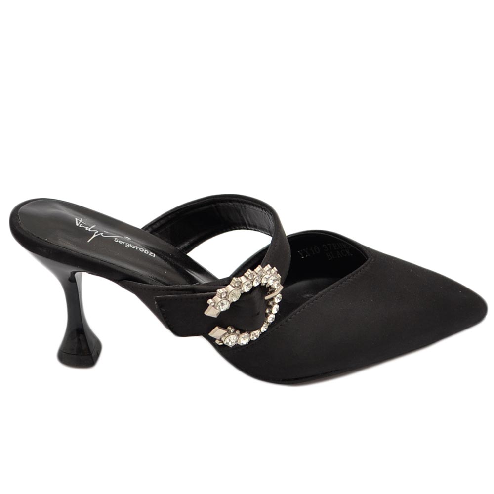 Decollete' donna tacco sottile 8 comfort nero in raso open toe con accessorio argento morbido moda glamour evento