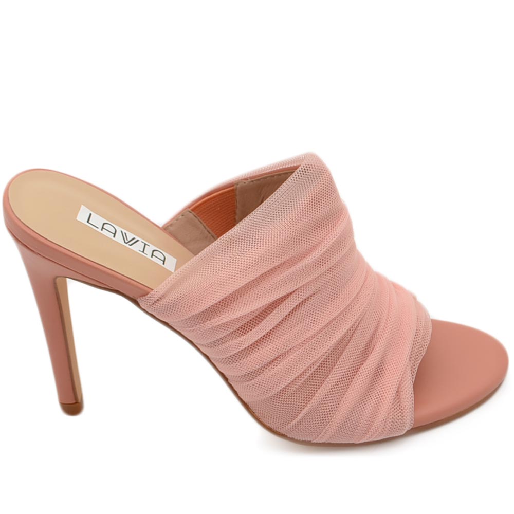 Sandali donna mules pantofole in tessuto plissettato tulle rosa e tacco sottile 12 cm moda tendenza.