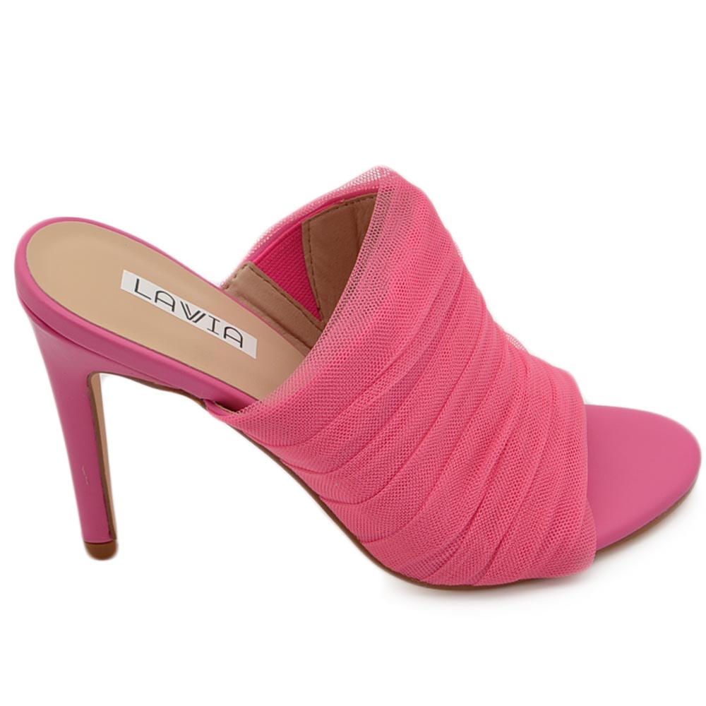 Sandali donna mules pantofole in tessuto plissettato fucsia tulle e tacco sottile 12 cm moda tendenza.