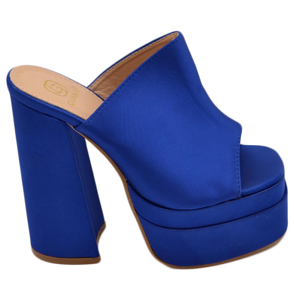 SABOT DONNA TACCO IN RASO BLU TACCO DOPPIO 15 CM PLATEAU 6 CM PUNTA QUADRATA OPEN TOE MODA.