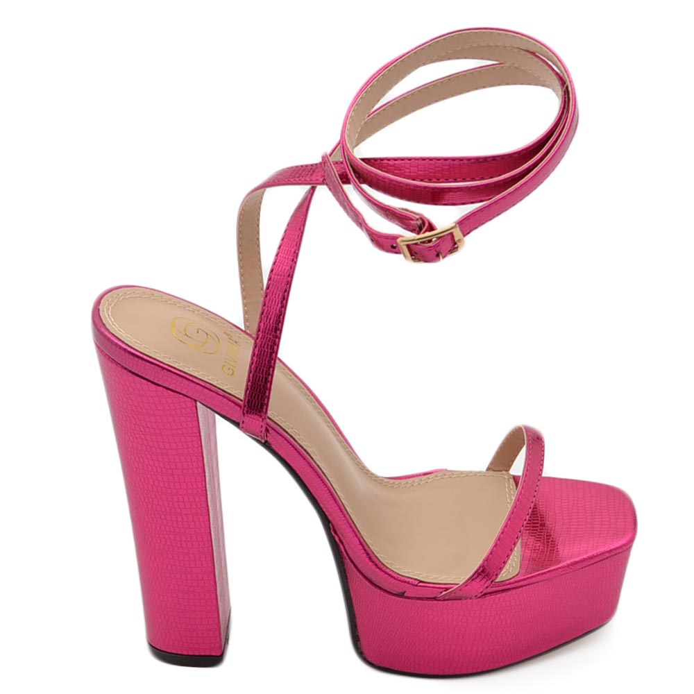 SANDALO DONNA TACCO IN PELLE FUCSIA TACCO DOPPIO 15 CM PLATEAU 5 CM LACCI ALLA CAVIGLIA OPEN TOE MODA.