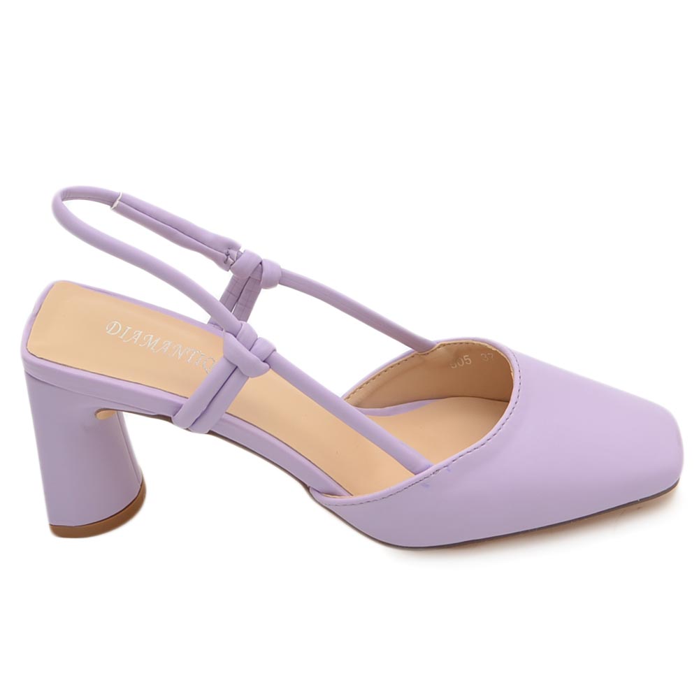 Decollete scarpe donna in ecopelle lilla con tacco largo punta quadrata open toe chiusura alla caviglia moda eventi