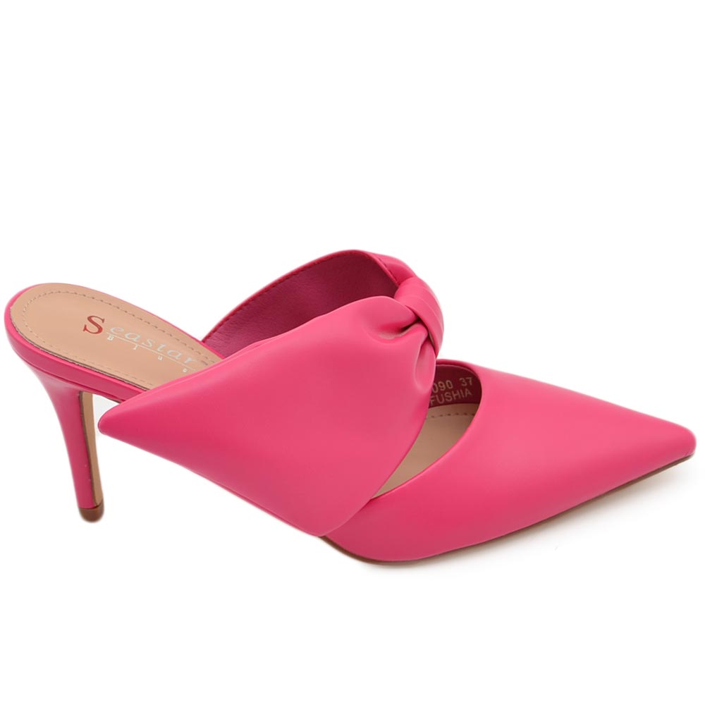 Decollete' donna tacco sottile 7 comfort fucsia in raso con fiocco open toe morbido moda glamour evento.