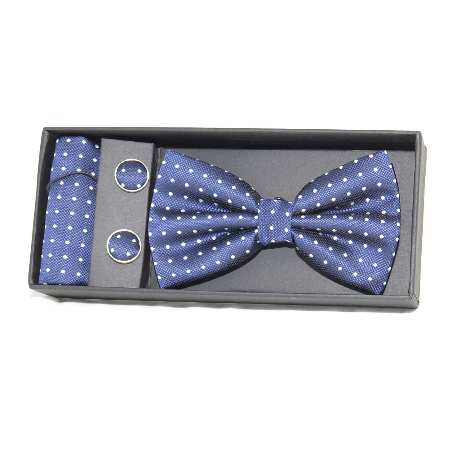 Set coordinato uomo papillon con gemelli e pochette blu con fantasia a pois elegante cerimonia