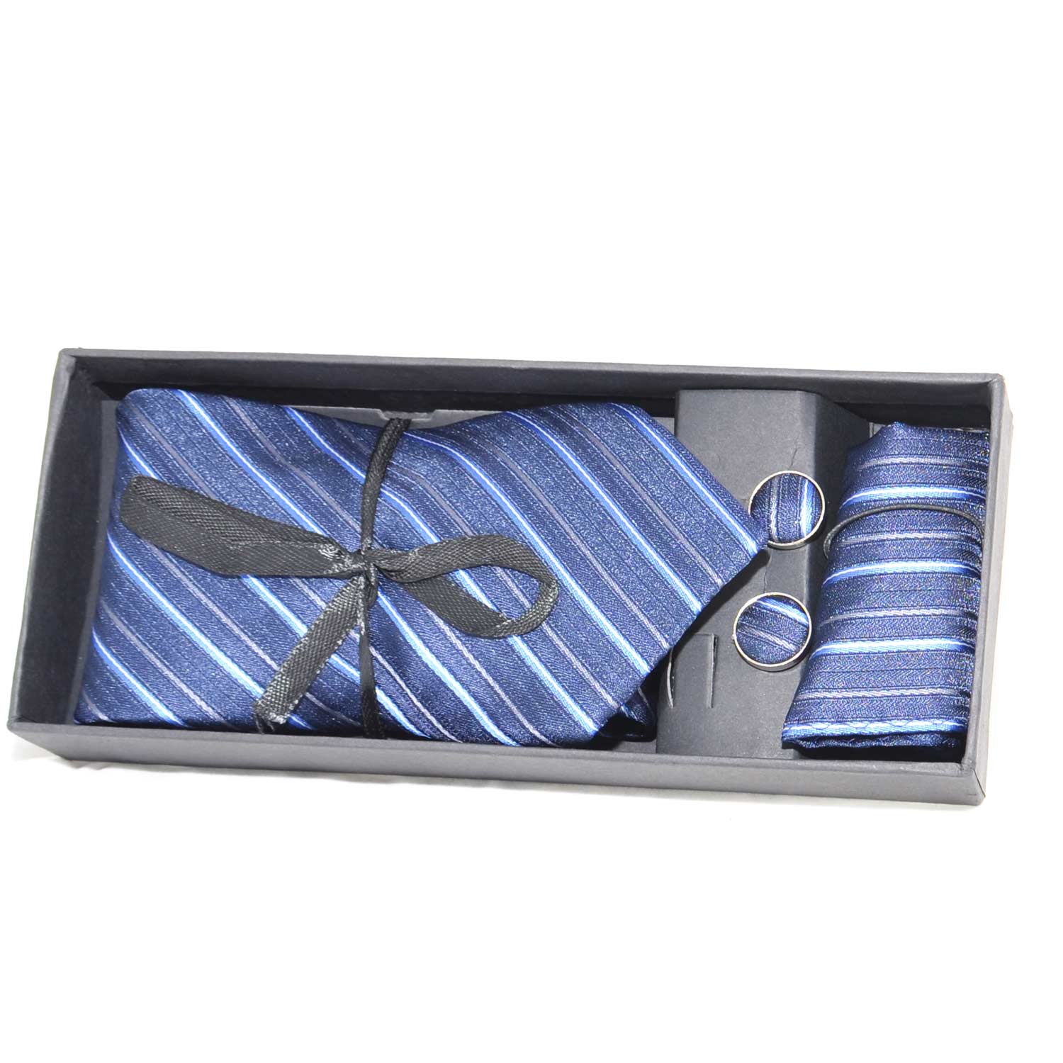 Set coordinato uomo cravatte con gemelli e pochette blu con fantasia a righe elegante cerimonia.