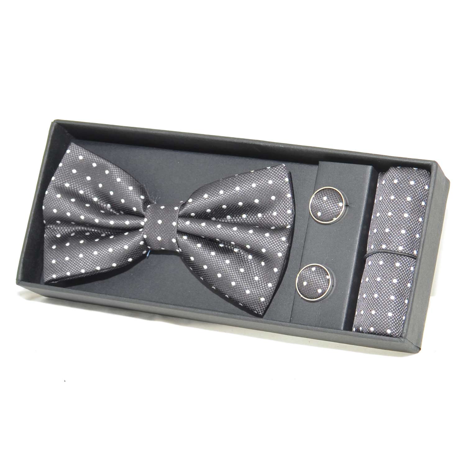 Set coordinato uomo papillon con gemelli e pochette nero con fantasia a pois elegante cerimonia