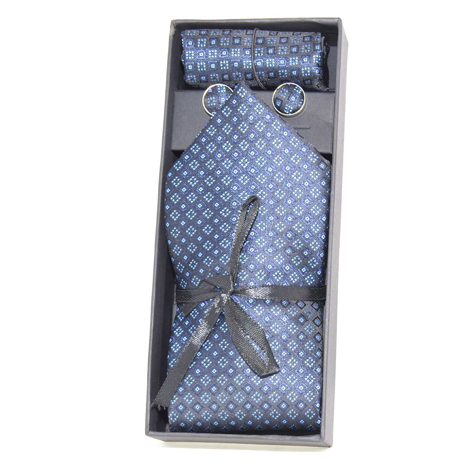 Set coordinato uomo cravatte con gemelli e pochette blu elegante cerimonia