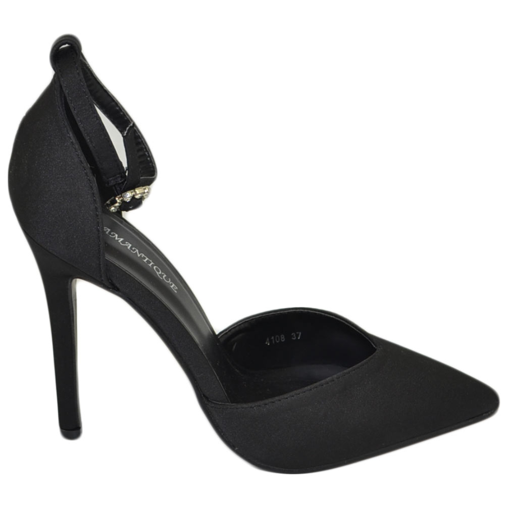 Scarpe decollete donna elegante punta in raso nero tacco 10 spillo comodo moda cinturino alla caviglia strass cerimonia