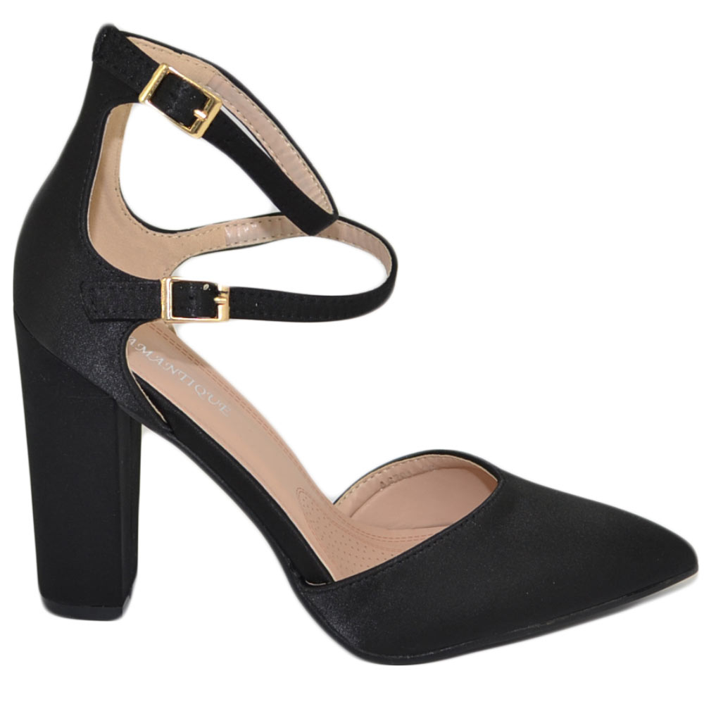Decollete' scarpa donna raso nero punta tacco largo comodo doppio cinturino alla caviglia linea glamour moda.