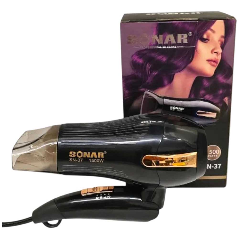 Sonar SN-37 asciugacapelli portatile da viaggio1500W 3 livelli di temperatura pieghevole nero.