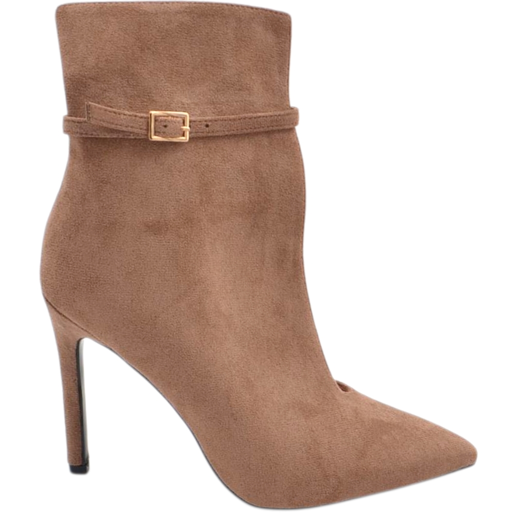 Stivaletto donna tronchetto open cut in camoscio kakhi a punta con tacco a spillo 12 cm e cinturino alla caviglia