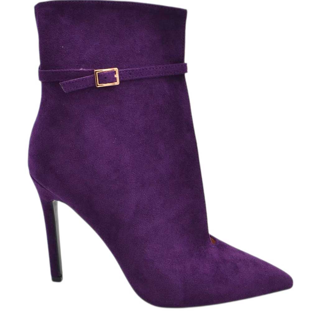 Stivaletto donna tronchetto open cut in camoscio viola a punta con tacco a spillo 12 cm e cinturino alla caviglia