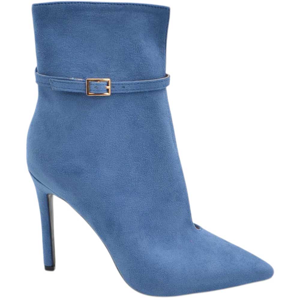 Stivaletto donna tronchetto open cut in camoscio blu avion a punta con tacco a spillo 12 cm e cinturino alla caviglia.