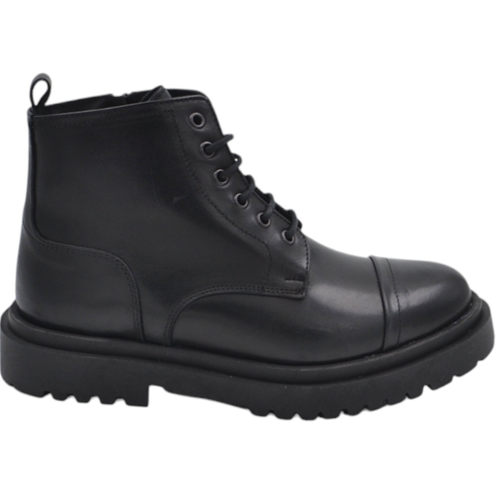 Scarpe stivale uomo anfibio lacci vera pelle matte nera suola gomma alta 3,5 cm zip comfort basic made in italy	