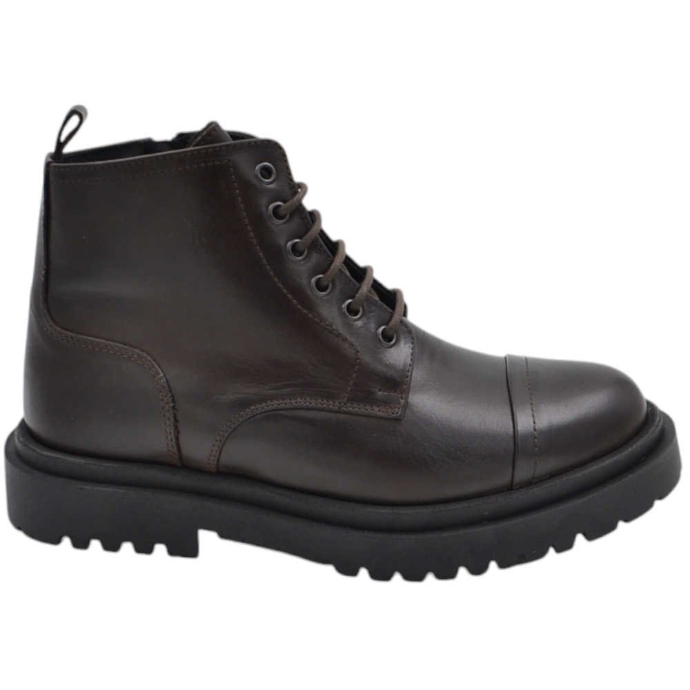 Scarpe stivale uomo anfibio lacci vera pelle matte marrone suola gomma alta 3,5 cm zip comfort basic made in italy