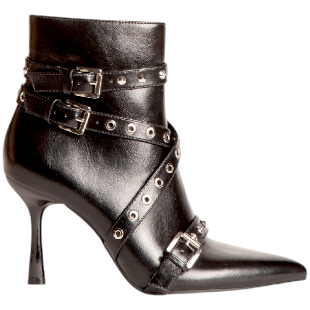 Stivaletto tronchetto Corina M4936 donna in pelle nera tacco 8 cm aderente alla caviglia con cinturino fibbie e borchie