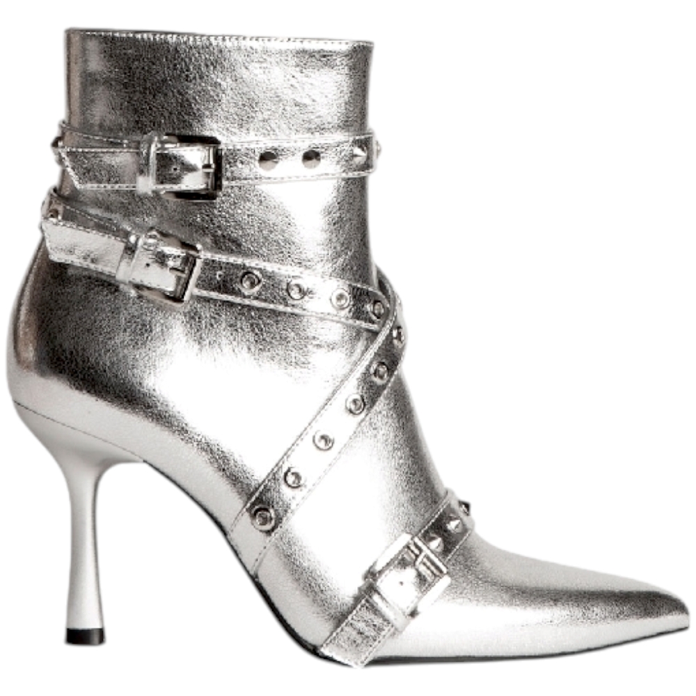 Stivaletto tronchetto Corina M4936 donna in pelle argento tacco 8 cm aderente alla caviglia cinturino fibbie e borchie