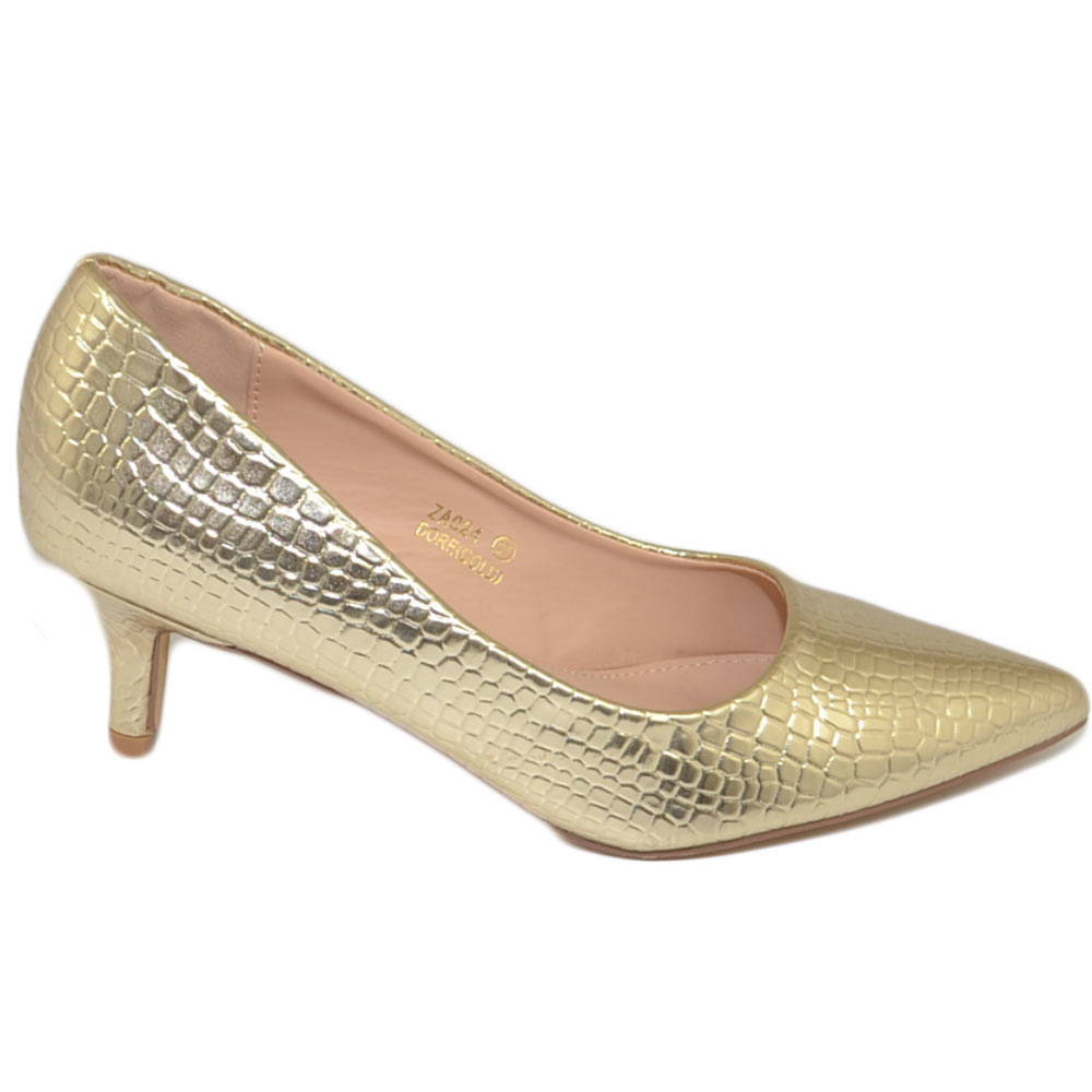 Decollete' scarpe donna a punta oro tartarugato tacco a spillo midi 5 cm in pelle comodo cerimonie eventi ufficio	.