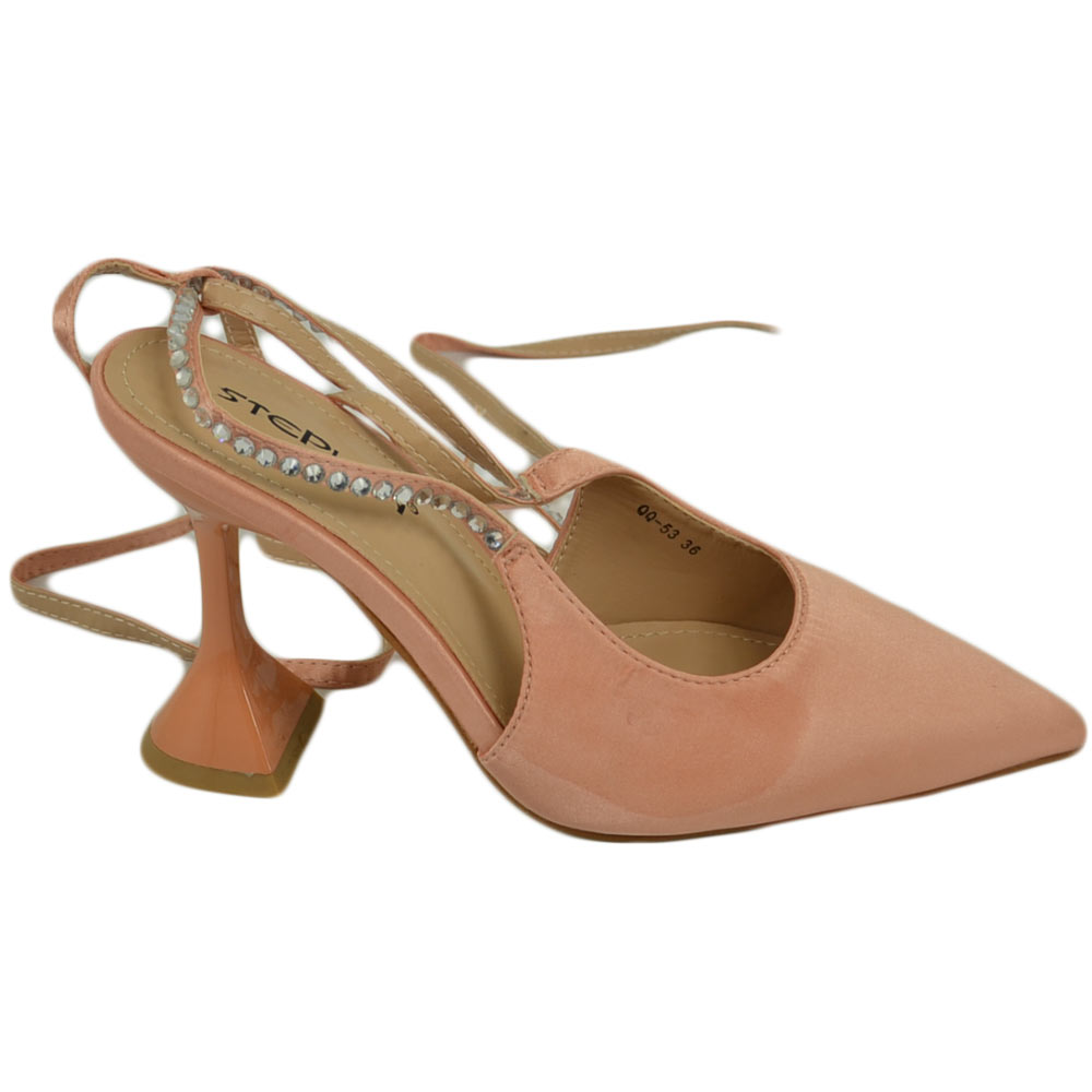 Scarpe decollete mules donna elegante punta in raso champagne tacco martini 9 cerimonia con allacciatura schiava strass 