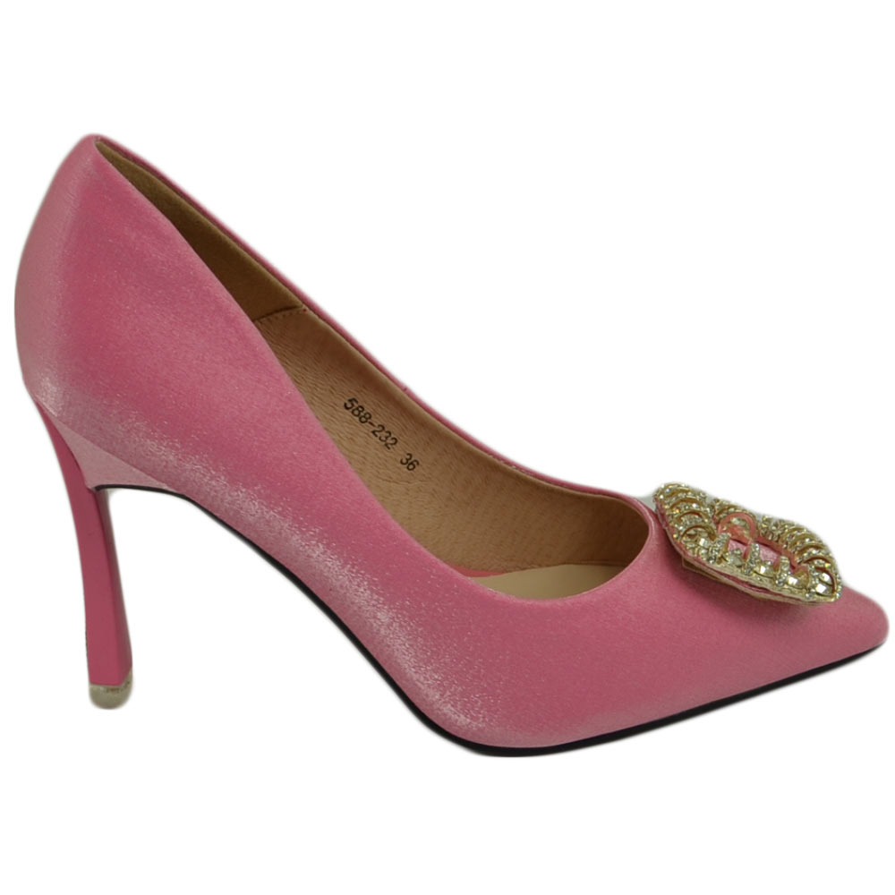 Scarpe decollete donna fucsia elegante gioiello fermaglio quadrato constrass punta tacco spillo 12 moda cerimonia.