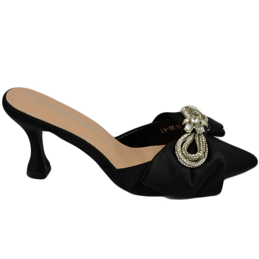 DECOLLETE' DONNA NERO OPEN TOE TACCO 6 CM ELEGNTE FIOCCO IN TESSUTO CON FERMAGLIO COMODO MODA GIOVANE.