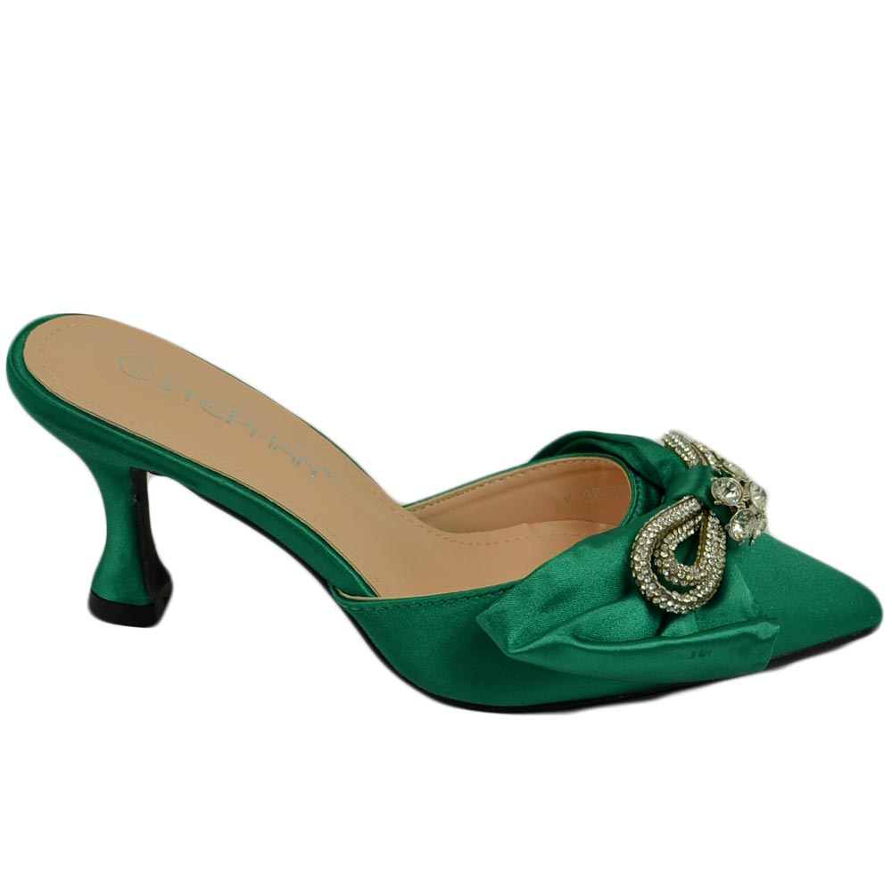DECOLLETE' DONNA VERDE OPEN TOE TACCO 6 CM ELEGNTE FIOCCO IN TESSUTO CON FERMAGLIO COMODO MODA GIOVANE