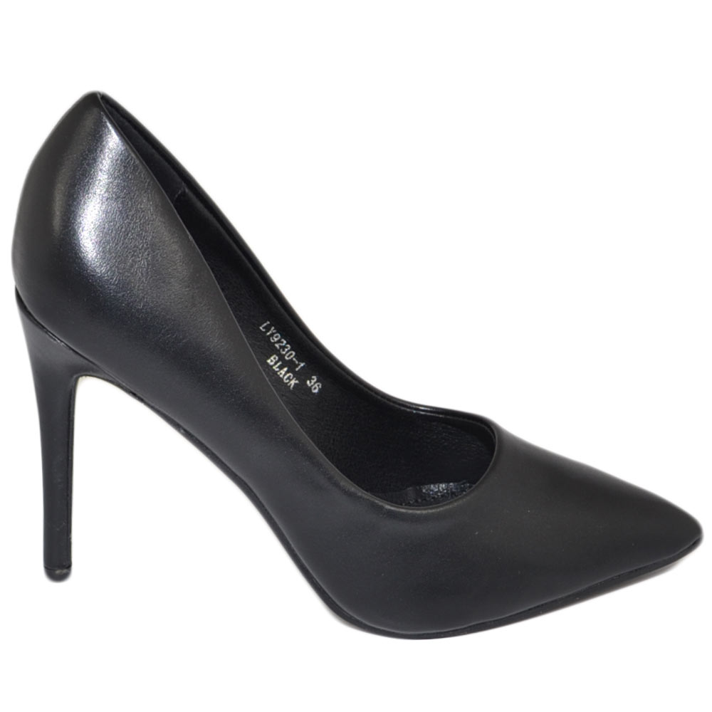 Scarpe donna decollete a punta elegante pelle nera matte tacco a spillo 12 cm moda elegante cerimonia evento.