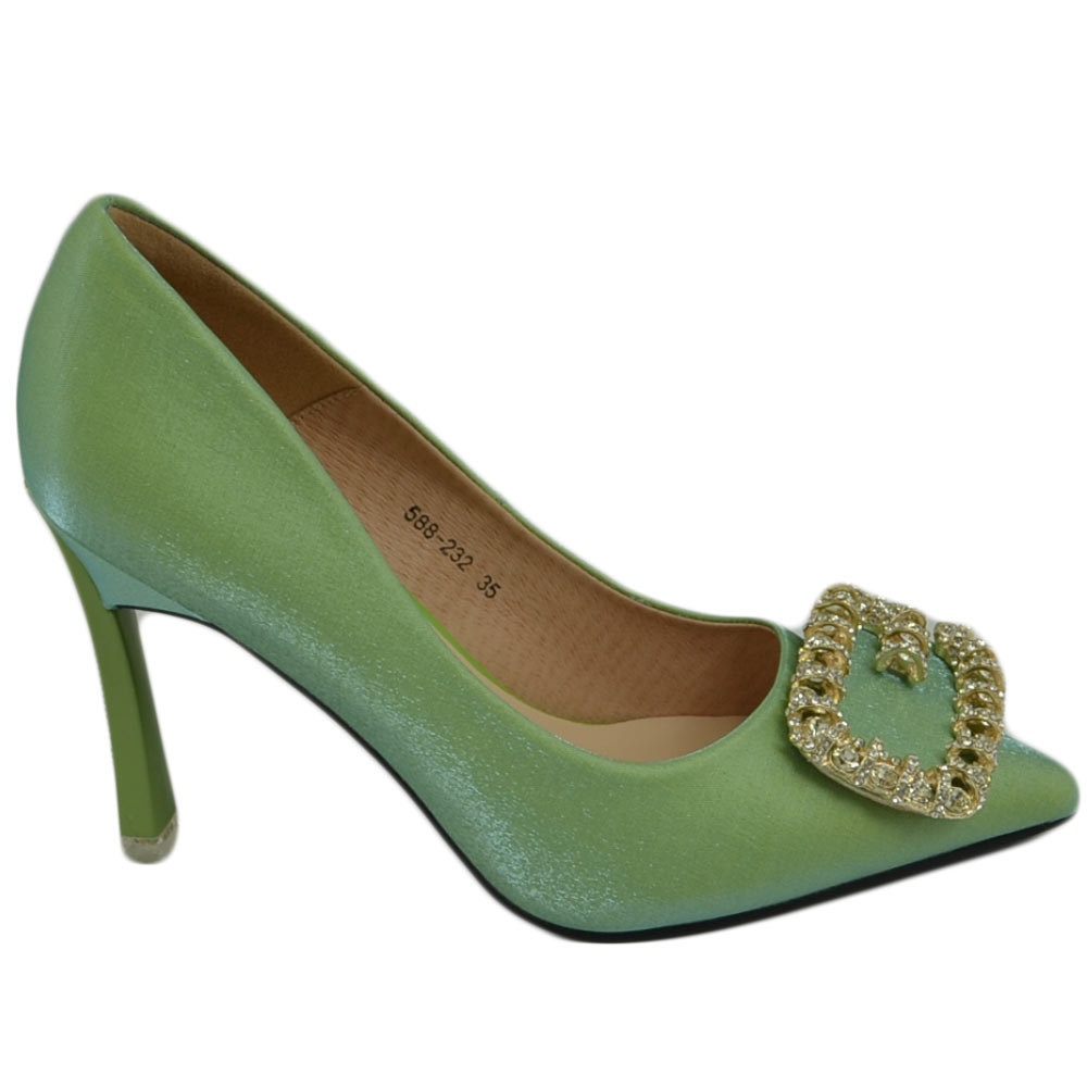 Scarpe decollete donna verde elegante gioiello fermaglio quadrato constrass punta tacco spillo 12 moda cerimonia