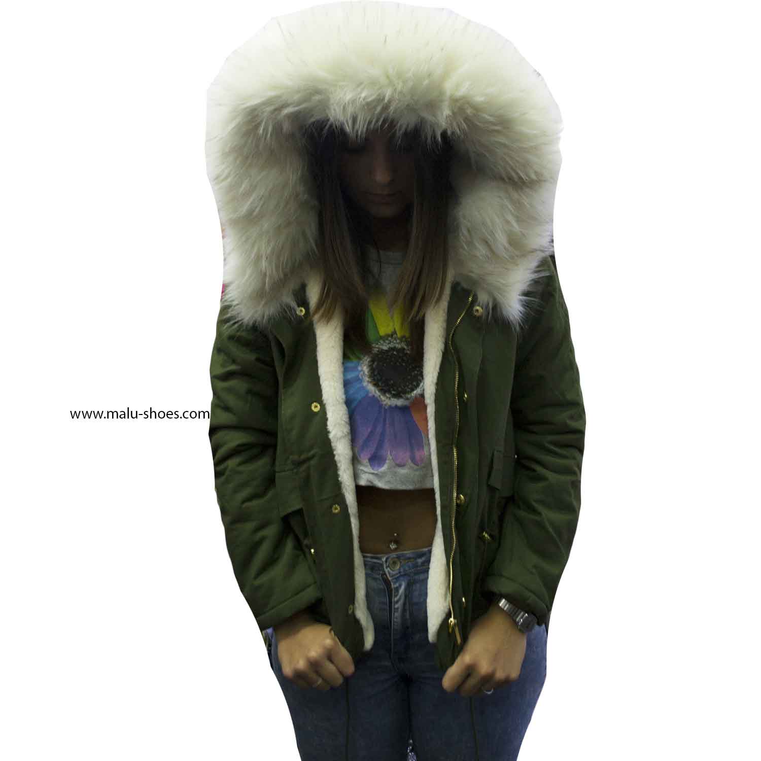 parka donna corto verde con pelliccia colorata bianco voluminosa glamour