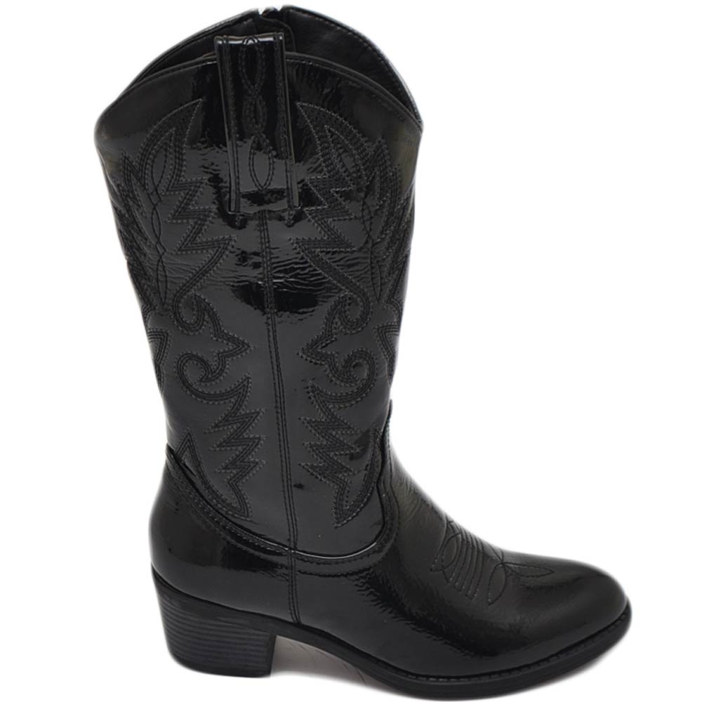 Stivali donna camperos texani stile western neri con fantasia laser su ecopelle tinta unita lucida altezza polpaccio