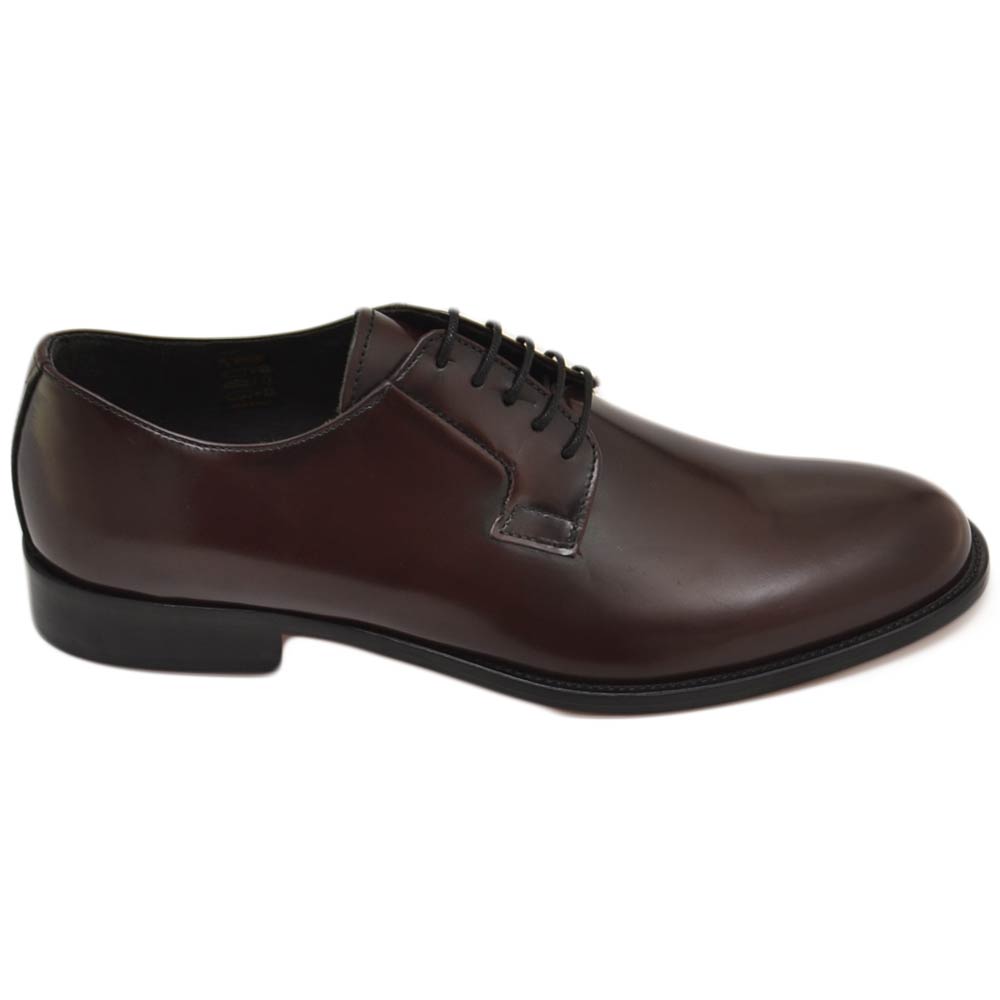 Scarpa classica uomo stringata liscia in vera pelle abrasivata bordeaux lucida elegante suola cuoio antiscivolo tacco2cm