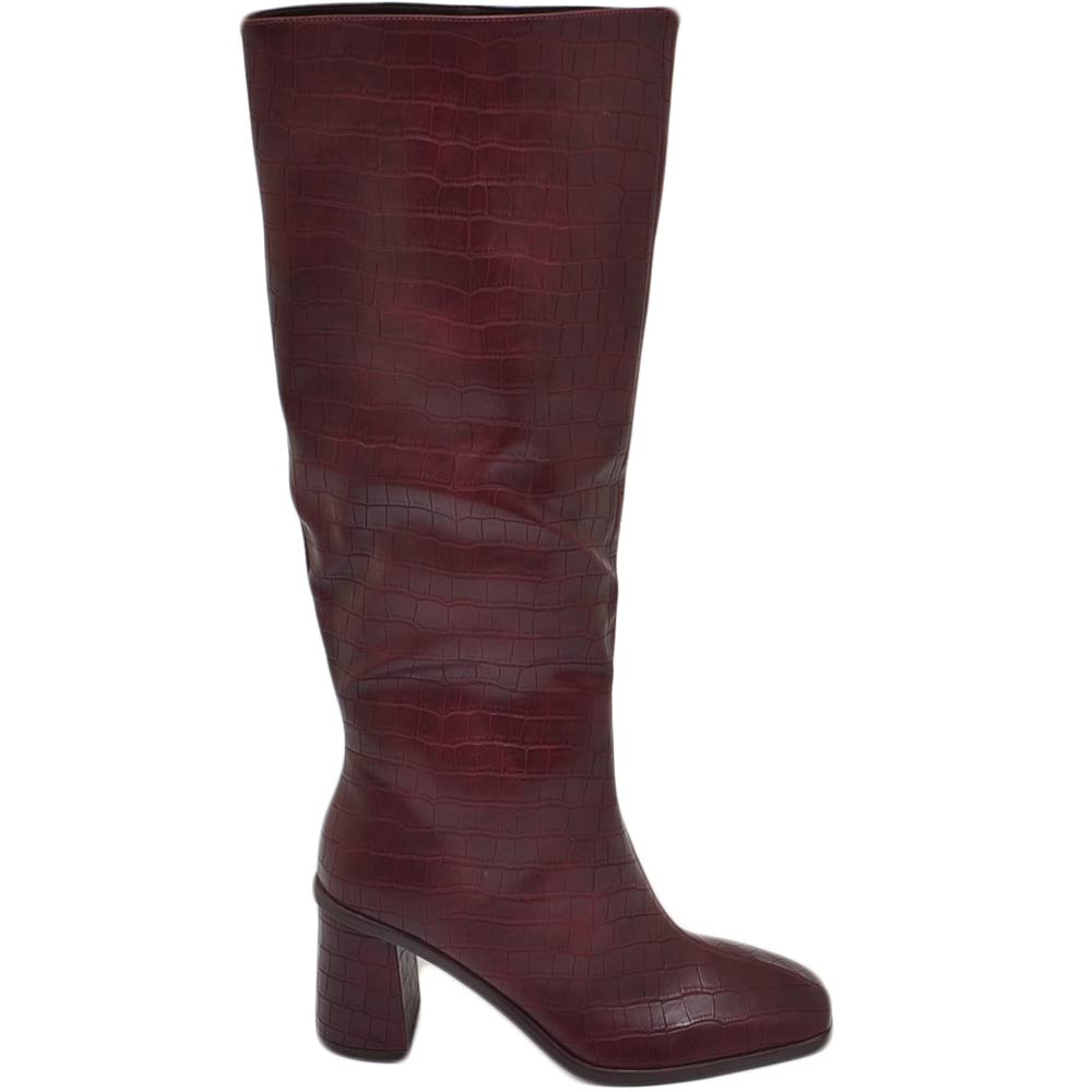 Stivali donna corina a punta quadrata bordeaux fatti a mano in spagna gambale stretto tacco largo 5 cm stampa cocco.