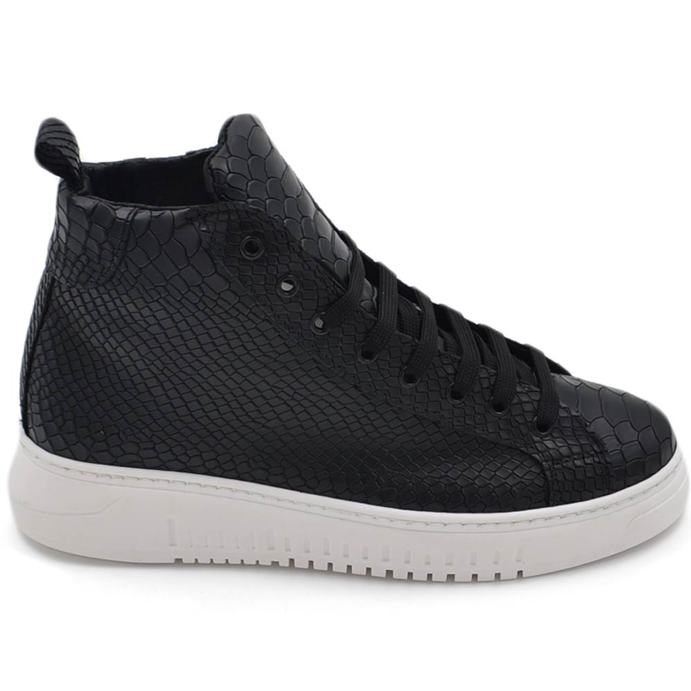 Sneakers uomo alta stivaletto in vera pelle nera nappa stampa anaconda cocco fondo army made in italy moda.