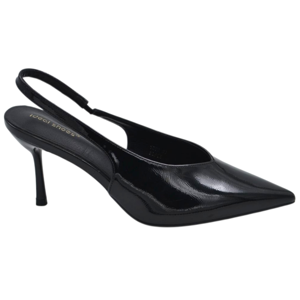 Decollete donna a punta nero in vernice lucida slingback con scollo a V e tacco a spillo 10 cm