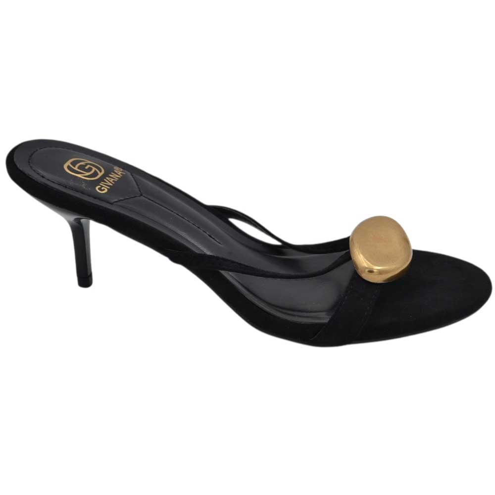 Sandalo tacco donna in camoscio nero fasce sottili all'avampiede accessorio tondo oro centrale senza chiusura tacco 5 cm.