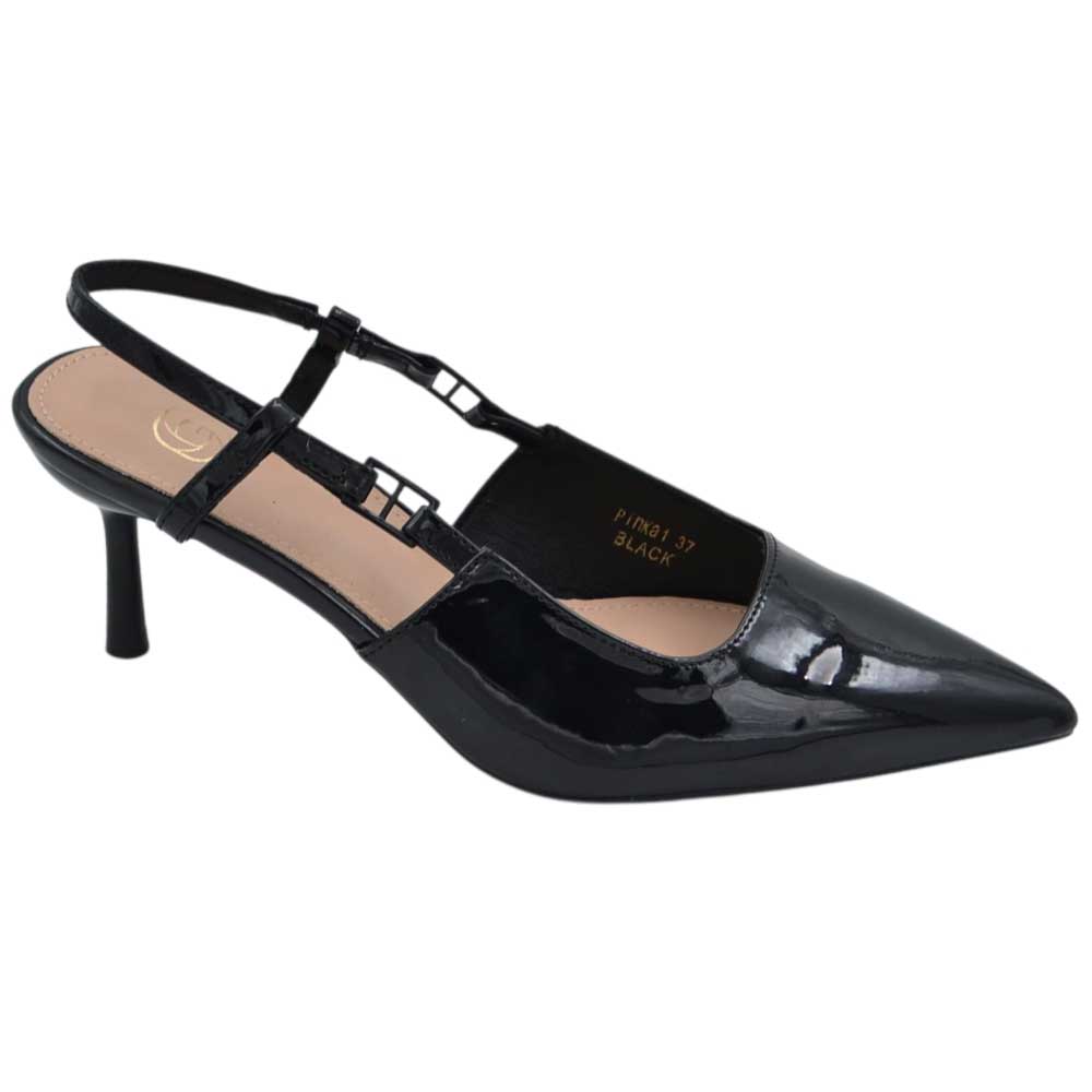 Decolette' donna in pelle lucida nera punta tacco sottile 5 cm cinturino regolabile tallone	.
