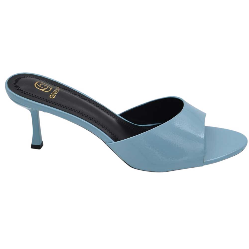 Sandalo tacco donna celeste lucido con fascia larga avvolgente tacco sottile 7 cm open toe 