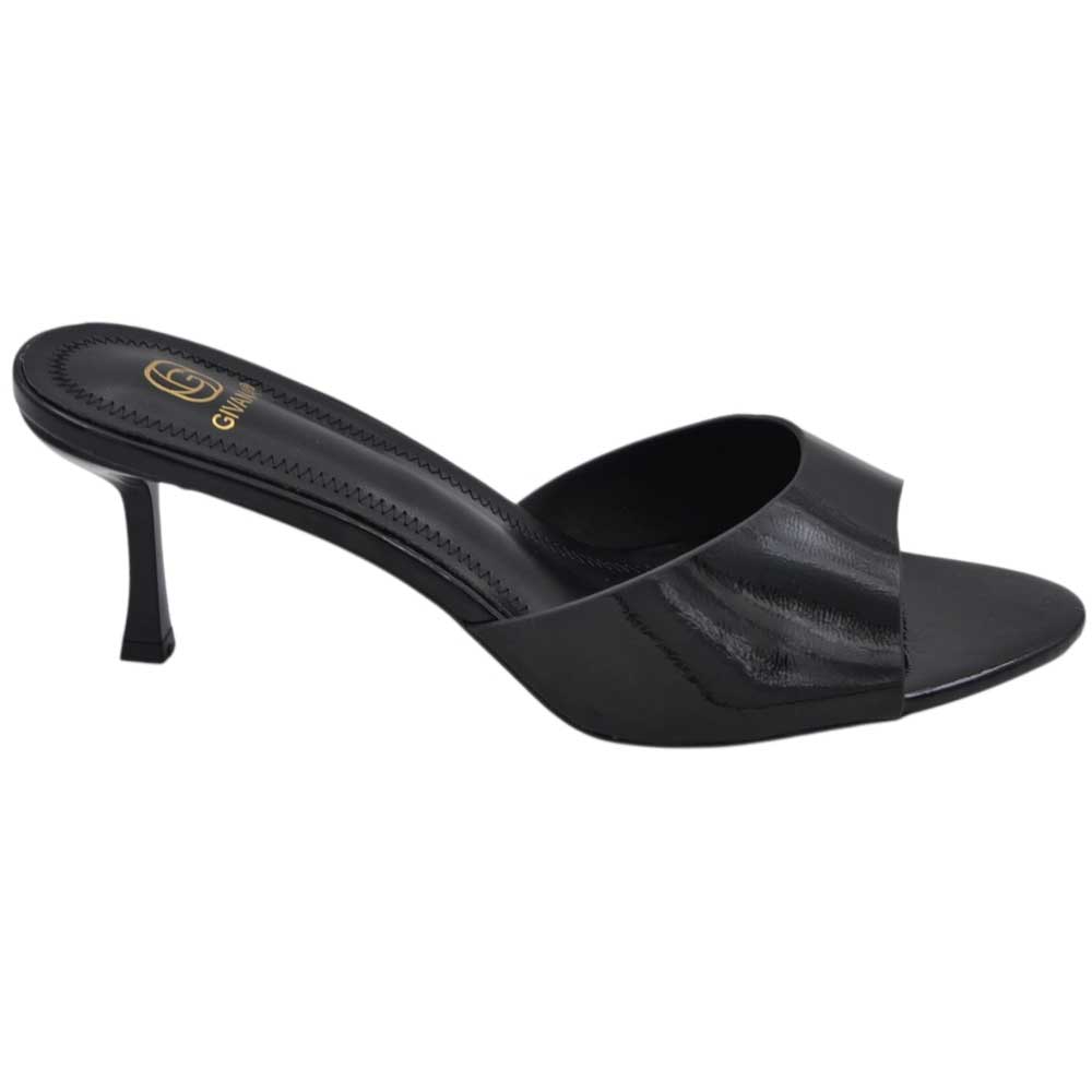Sandalo tacco donna nero lucido con fascia larga avvolgente tacco sottile 7 cm open toe 