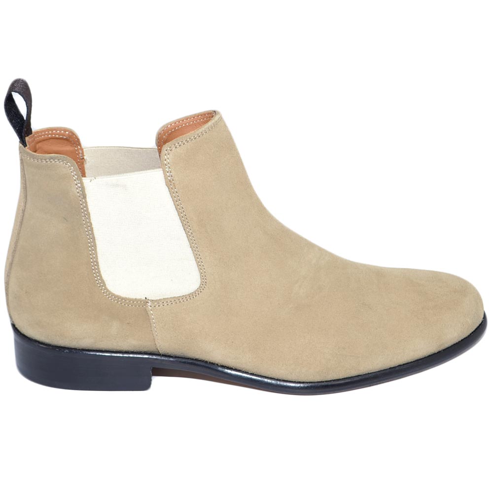 Beatles uomo stivaletto con elastico in vera pelle scamosciata beige collo basso fondo cuoio handmade in Italy business