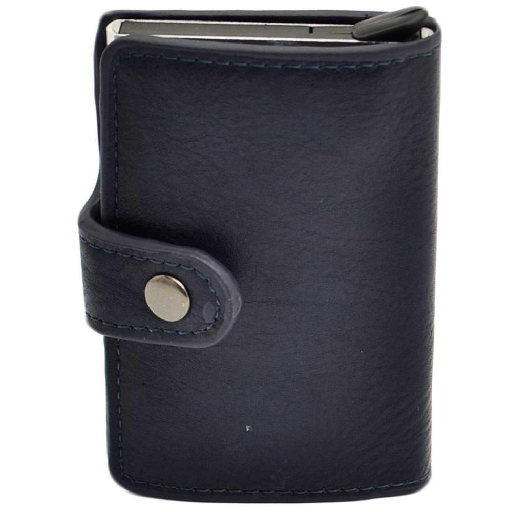 Portafoglio Wallet uomo in vera pelle blu portacarte pocket con molla e salvacarta con gancio contanti chiusura clip.