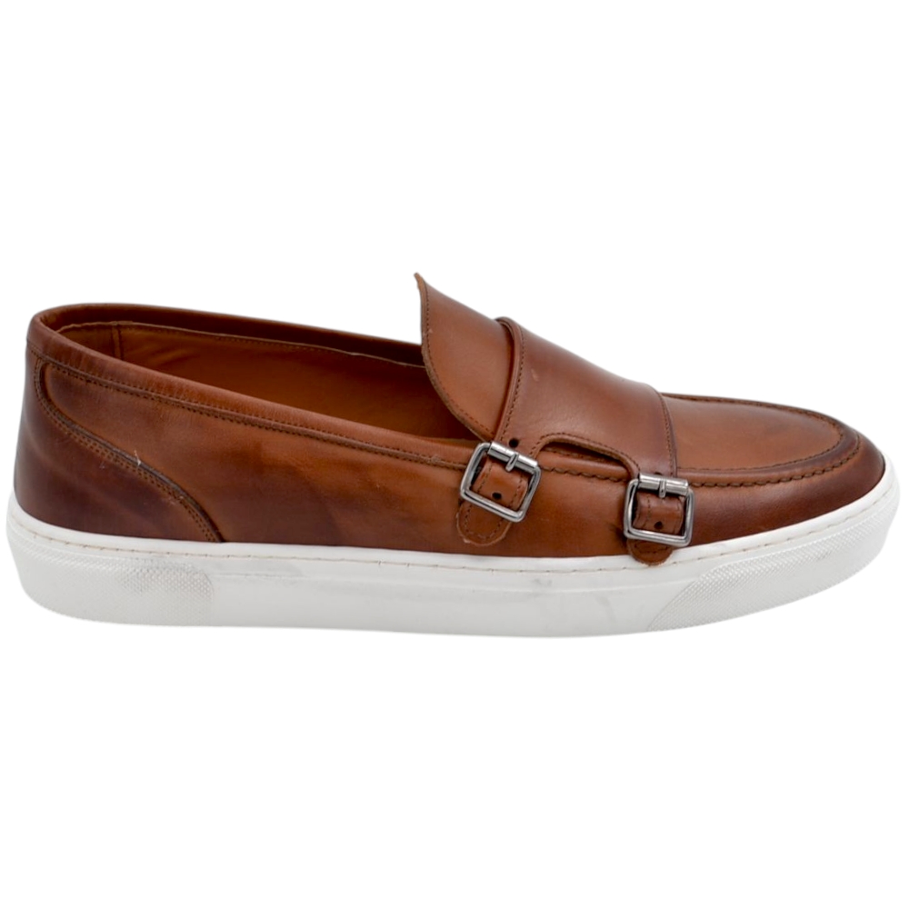 Mocassino doppia fibbia cuoio in vera pelle di nappa fondo classico sportivo gomma bianca 2,5 cm basic