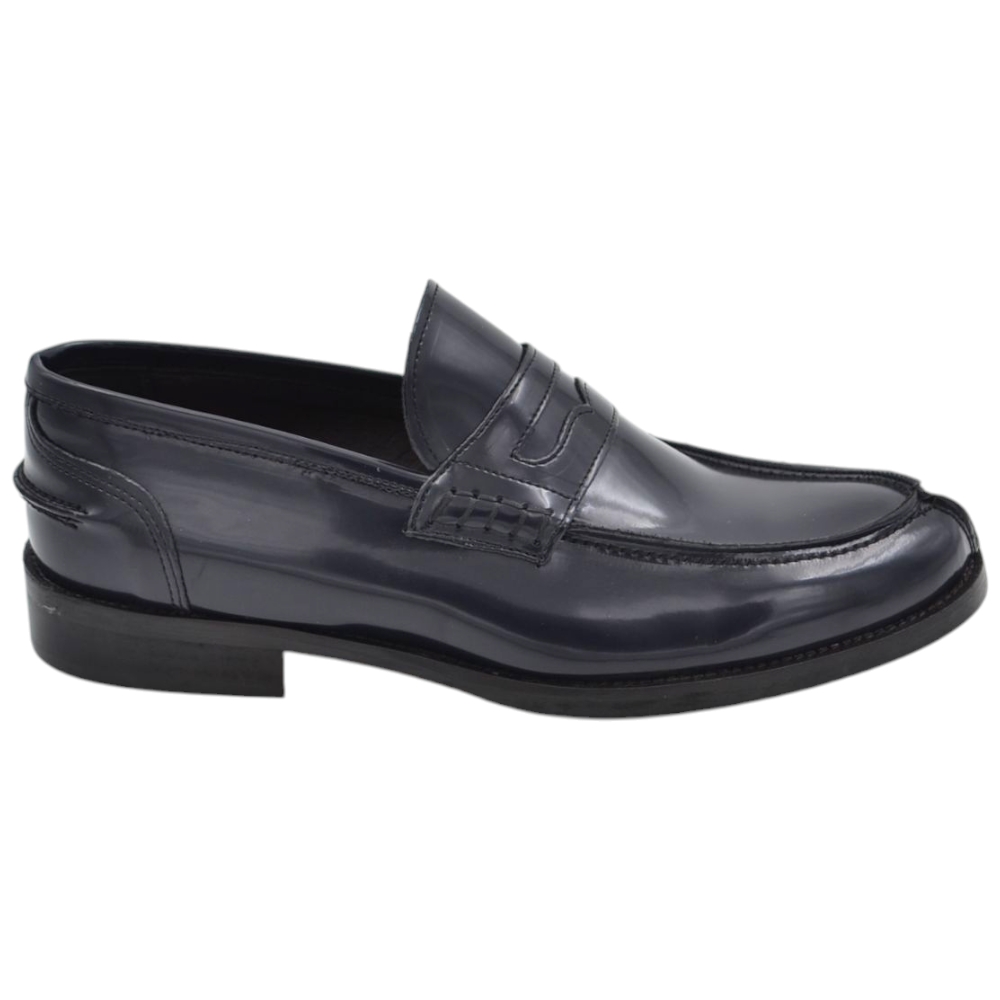 Scarpe uomo mocassino con bendina blu in vera pelle semilucida business fondo cuoio con antiscivolo.