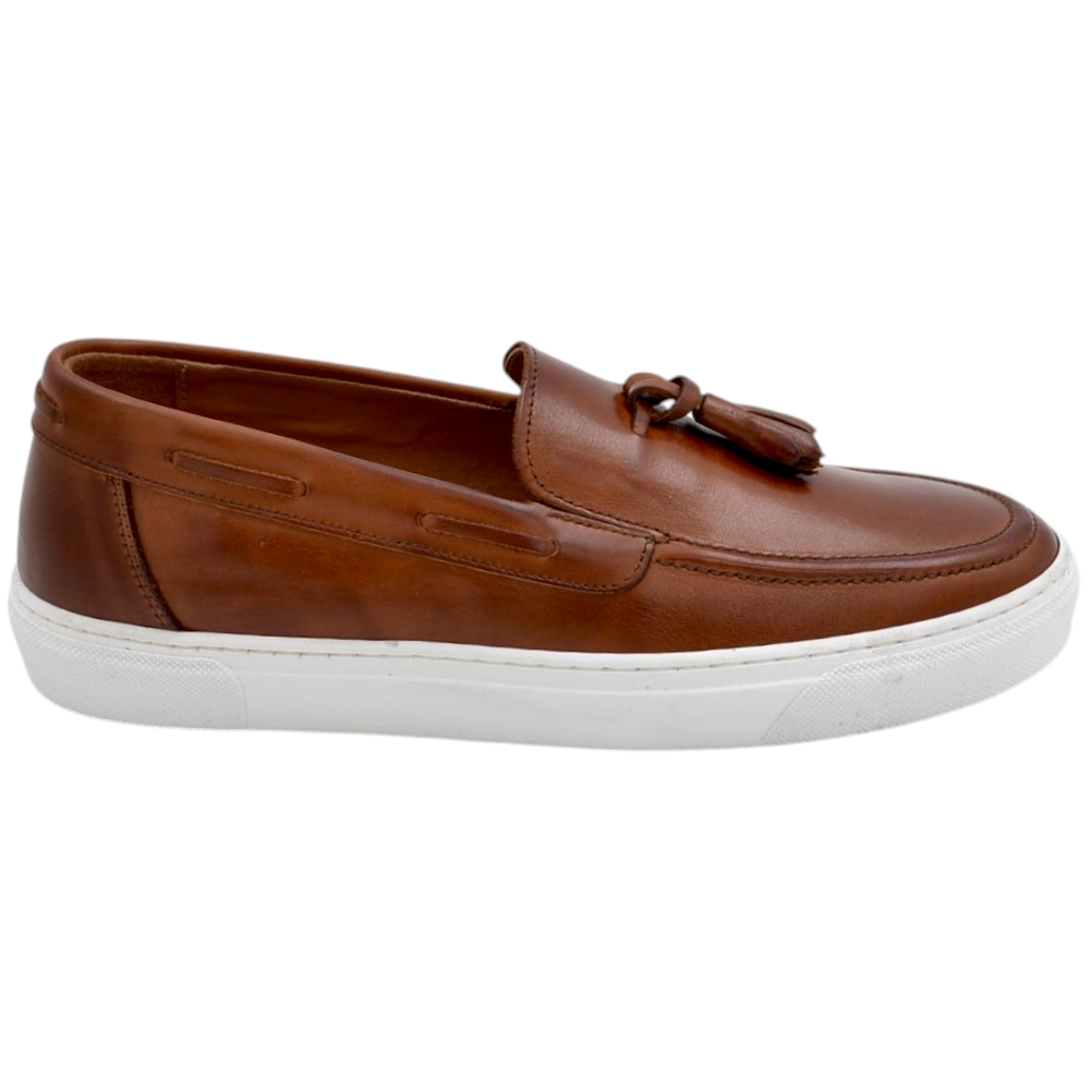 Mocassino uomo in vera pelle di nappa spazzolato cuoio con Nappine elastico fondo classico sportivo bianco basic 2,5 cm