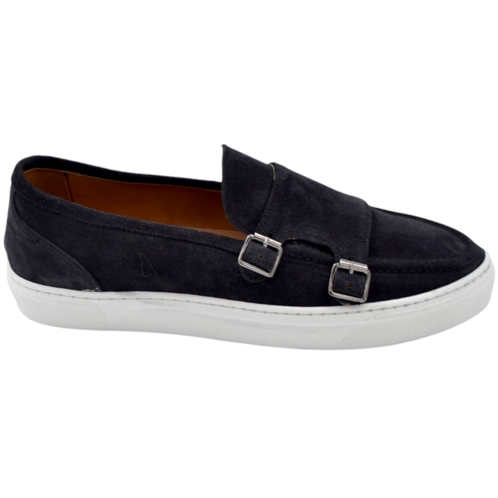 Mocassino doppia fibbia blu in vera pelle scamosciata fondo classico sportivo gomma bianca basic