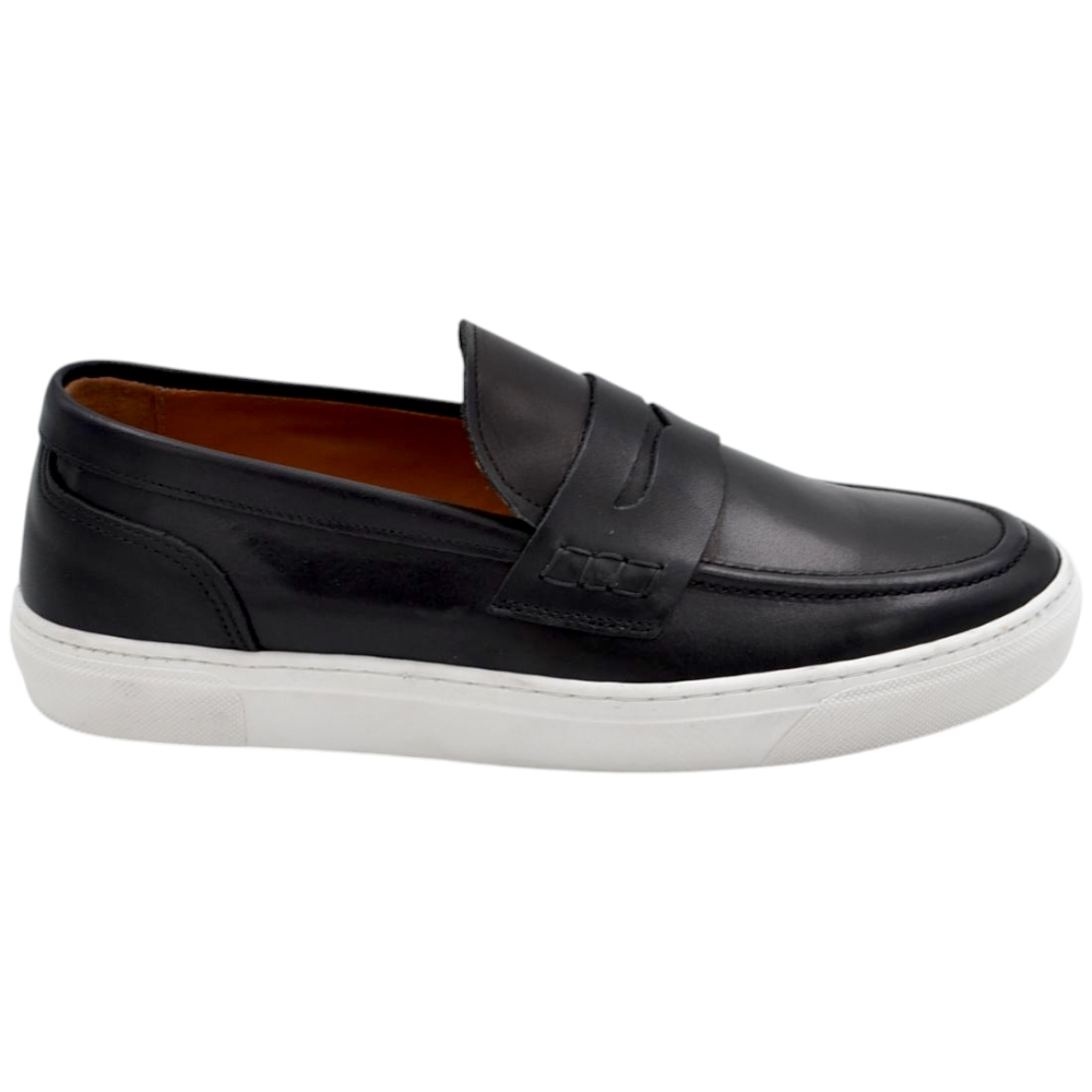 Mocassino uomo in vera pelle nappa nero spazzolato con bendina fondo classico sportivo gomma bianco 2,5 cm