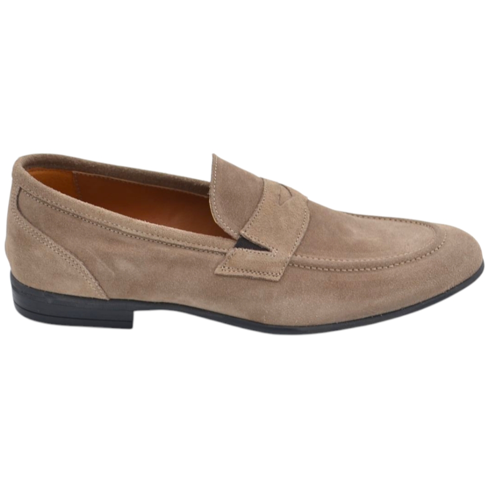 Mocassino uomo con bendina in vera pelle scamosciata beige con fondo sottile in gomma handmade in italy