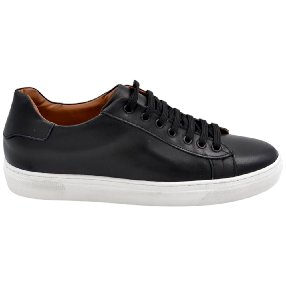Sneakers uomo bassa in vera pelle nappa nero spazzolato classico sportivo fondo bianco gomma Basic 2,5 cm