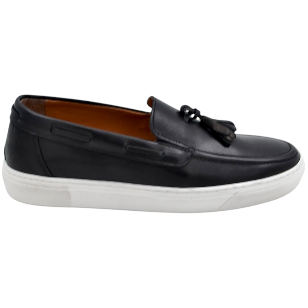 Mocassino uomo in vera pelle di vitello nera con bon bon fondo classico sportivo gomma bianco 2,5 cm